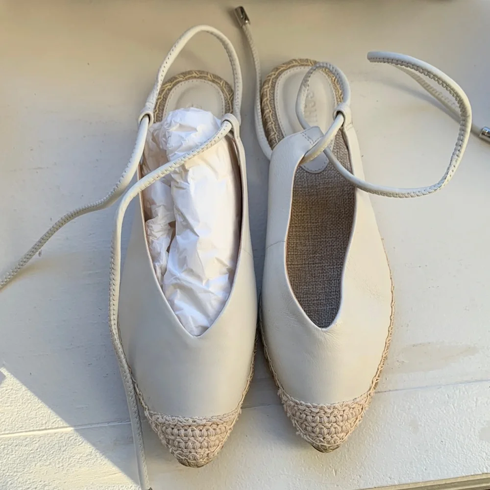 SCHUTZ White Leather Espadrille Flats with Braided Toe